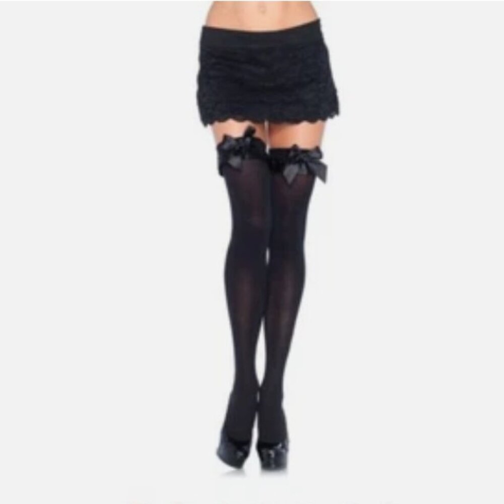 New Opaque Thigh HI Stockings With Ruffle And Bow Leg Avenue 6010 Black 90-165